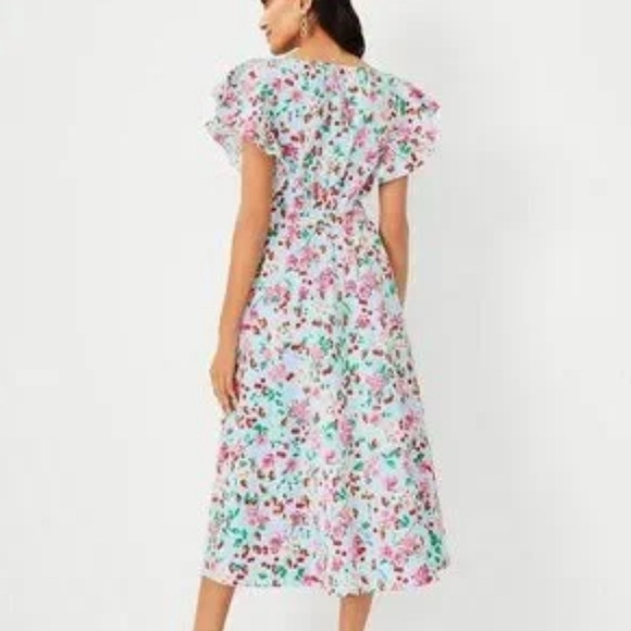 Ann Taylor Floral Flutter Sleeve Flare Dress Cherries Strawberries Blue Size 8 - Picture 3 of 9